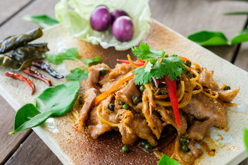 Fried spicy boar food Thailand culinary herbs