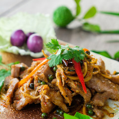 Fried spicy boar food Thailand culinary herbs