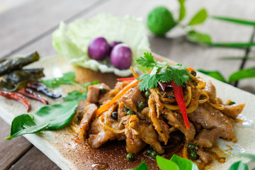 Fried spicy boar food Thailand culinary herbs