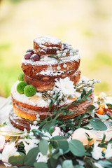 Appetizing wedding cake in rustic style. Simple chocolate pastry decorated with flowers and chestnuts.