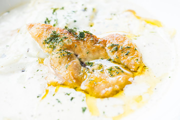 Foie gras with penne cream sauce © siraphol