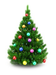 3d illustration of green Christmas tree over white background with lights and colorful balls