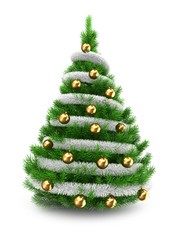 3d illustration of green Christmas tree over white background with tinslel and golden balls