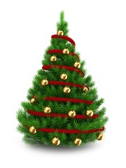 3d illustration of green Christmas tree over white background with red tinsel and golden balls