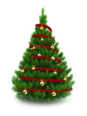 3d illustration of green Christmas tree over white background with red tinsel and golden balls