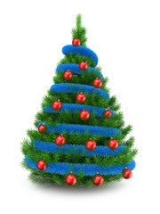 3d illustration of green Christmas tree over white background with blue tinslel and red balls