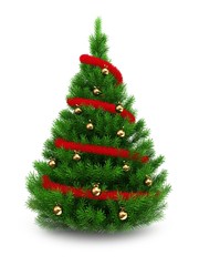 3d illustration of green Christmas tree over white background with red tinsel and golden balls