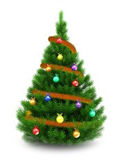 3d illustration of green Christmas tree over white background with orange tinsel and glass balls