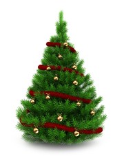 3d illustration of green Christmas tree over white background with red tinsel and golden balls