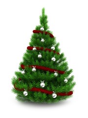 3d illustration of green Christmas tree over white background with red tinsel and chrome balls