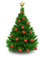 3d illustration of green Christmas tree over white background with star and red balls