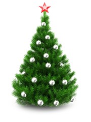 3d illustration of green Christmas tree over white background with red star and silver balls