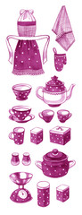 Hand drawn watercolor set of retro kitchenware