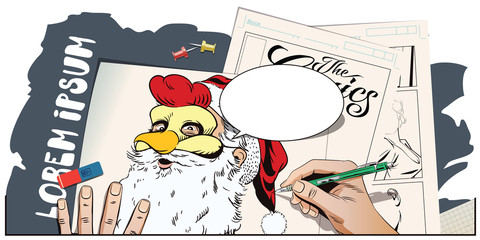 Santa Claus in a rooster mask. Symbol of year. Horoscope
