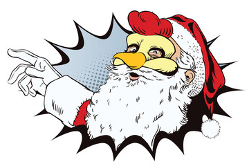 Santa Claus in a rooster mask. Symbol of year. Horoscope