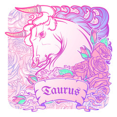 Zodiac sign of Taurus. with a decorative frame of roses Astrology concept art. Tattoo design. Sketch in pastel pallette isolated on elegant pattern background. EPS10 vector illustration.