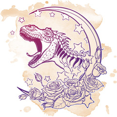 Detailed sketch style drawing of the roaring tyrannosaurus rex on Kawaii Moon and roses frame. Tattoo design. Concept art. Grunge background. EPS10 vector illustration isolated on white background.