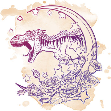 Detailed sketch style drawing of the roaring tyrannosaurus rex on Kawaii Moon and roses frame. Tattoo design. Concept art. Grunge background. EPS10 vector illustration isolated on white background.