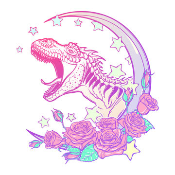 Detailed sketch style drawing of the roaring tyrannosaurus rex on Kawaii Moon and roses frame. Tattoo design. Concept art. Pastel goth pallette. EPS10 vector illustration isolated on white background.