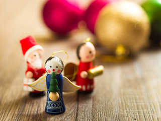 Christmas decorations on wood board background