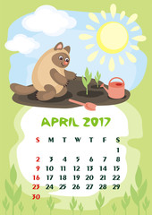 Wall calendar for  April,  2017 with an amusing cat. Fun children's illustration in cartoon style. Colorful background. Vertical orientation. Week starts Sunday. Vector.