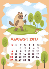 Wall calendar for  August,  2017 with an amusing cat. Fun children's illustration in cartoon style. Colorful background. Vertical orientation. Week starts Sunday. Vector.
