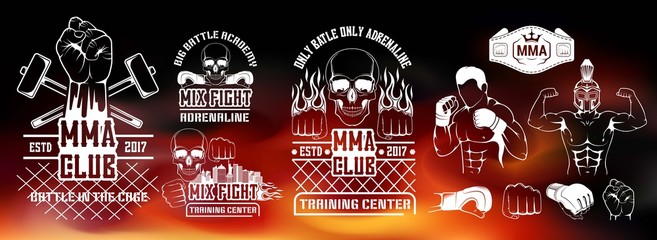 Set for MMA. Silhouette, logo, emblem, l?bel, element, the icon for the mix of martial arts. Battle, shows, training center, the boxing club to train fighter.