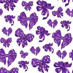 Seamless pattern with various violet satin bows. Watercolor illustration.