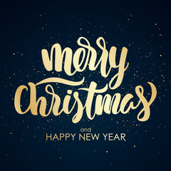 Vector illustration: Merry Christmas and Happy New Year. Golden elegant modern brush lettering.