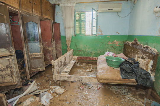 Interior of poor African house following flooding disaster