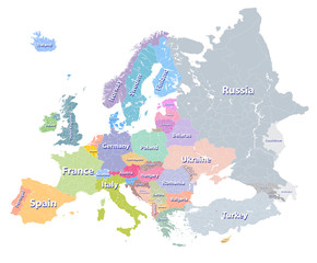 Europe vector high detailed colourful political map with regions borders and countries names. All elements separated in detachable layers