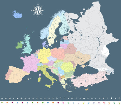 Europe colorful political map with regions borders and navigation icons