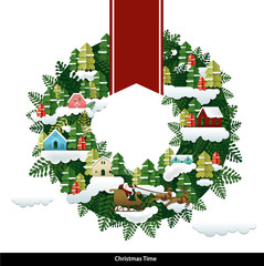Vector Christmas village wreath.