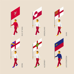Set of isometric 3d people with flags of countries and islands. Standard bearers infographic - Greenland, Liechtenstein, Isle of Man, Herm, Sark, Alderney.