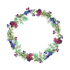 Vintage floral wreath wedding frame with forest flowers and leaf. Greeting card. Hand-drawn watercolor elements.Decoration illustration . Pink, red. green on white background.