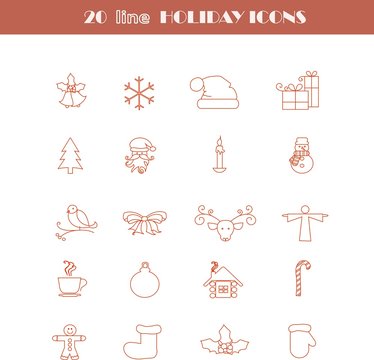 Set red line Christmas icons. Santa Claus, Christmas tree, mitten, boot, snowman, gift, deer, bells, shelter, calendar, ball, Christmas gingerbread, candle, gift box, angel, bullfinch, holly, vector