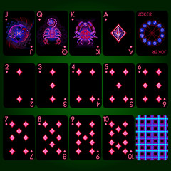 Playing cards series "Neon Zodiac signs". Diamond suit playing cards full set. Background black card.