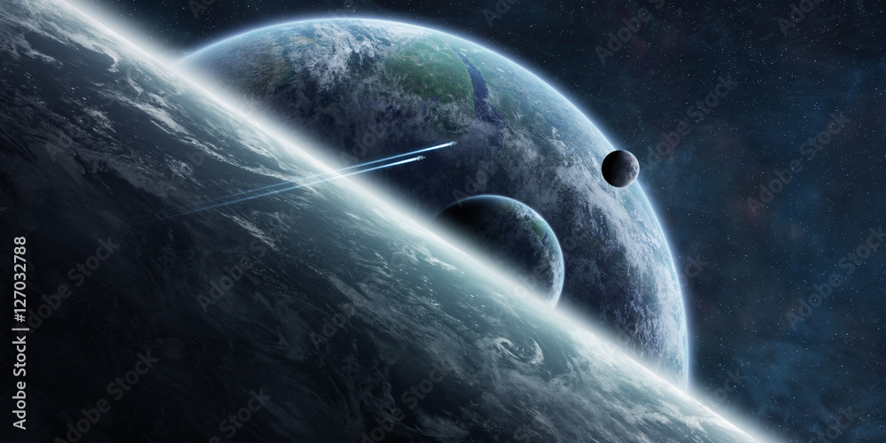 Poster Sunrise over distant planet system in space 3D rendering element