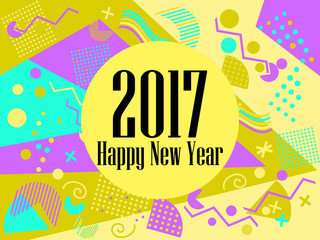 Happy new year 2017 card in the Memphis style. Geometric elements in the Memphis style, colorful geometric chaos. Retro 80s style. Vector illustration.
