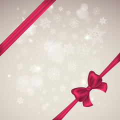 Red satin bow with ribbon on a background of snowflakes. Winter Christmas Background gift card or banner. New Year. Vector illustration.