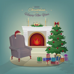 Merry Christmas home interior with a fireplace, Christmas tree, armchair, colorful boxes with gifts, candles, Santa Claus hat, decorations. Waiting for the New Year and Christmas. Vector illustration