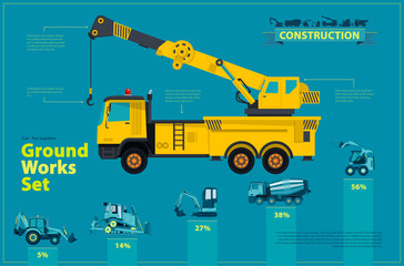 Yellow crane. Blue infographic big set of ground works blue machines vehicles. Catalog page. Heavy construction equipment for building truck digger crane bagger mix. Transportation master vector.