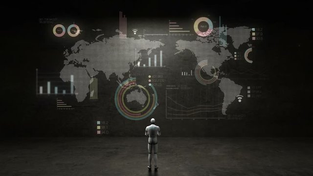 Robot, cyborg standing in front of wall, using global communication technology. with economic diagram,chart,graph.