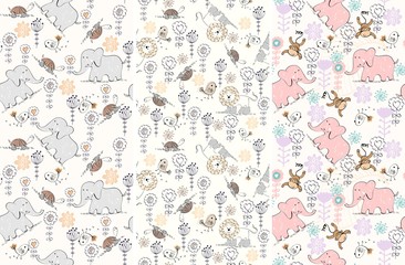 Seamless pattern with cartoon animals with flowers.