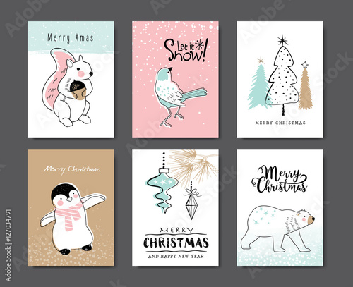 &quot;Set of Christmas cards with cute animals&quot; Imágenes de archivo y