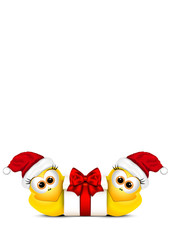 Christmas card with chickens in Santa hat. Rooster symbol New Ye