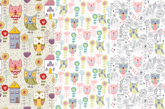 Vector set. Seamless pattern with owls