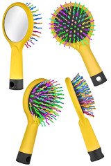 Set of four instances of a yellow hair comb brush for children