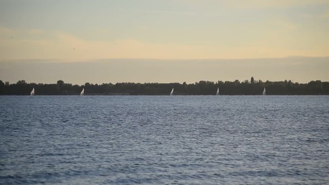 Several yacht with sails move on blue water far off, then and a motor boat silhouette moves across the frame