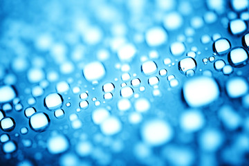 Blue water drops of on treat water-repellent surface in macro lens shot small-DOF for screen...
